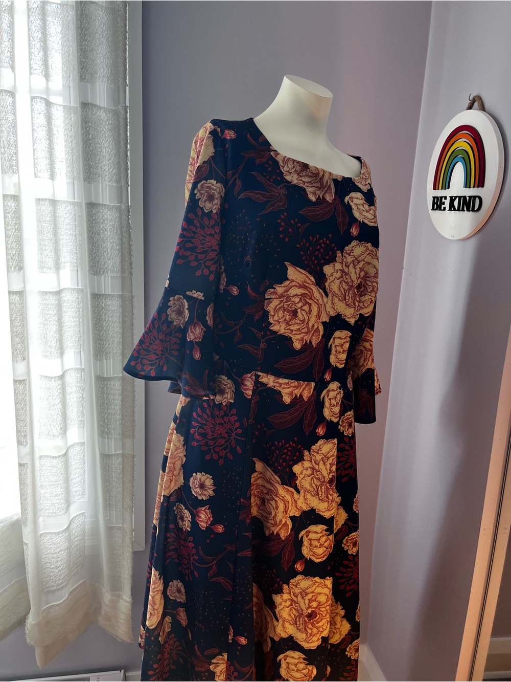 Black Floral Bell-Sleeve Midi Dress with Gold Rose Print